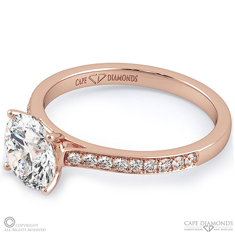 4 claw round pave band natural diamond engagement ring rose gold with 9k rose gold metal and round shape diamond