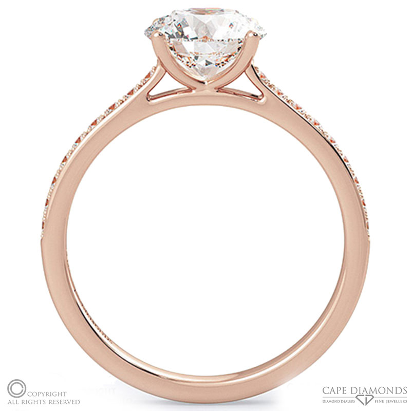 4 claw round pave band natural diamond engagement ring rose gold with 9k rose gold metal and round shape diamond