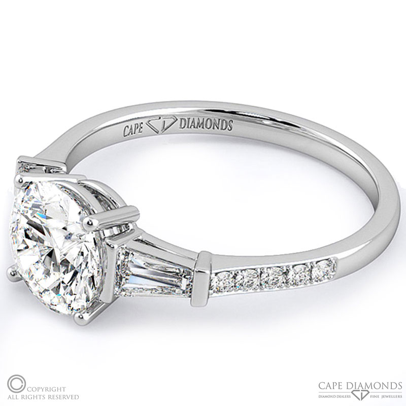 trilogy round natural diamond engagement ring white gold with baguette side natural diamonds with 9k white gold metal and round shape diamond