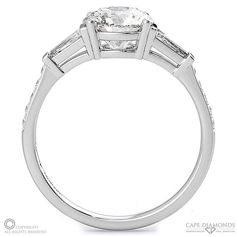 trilogy round natural diamond engagement ring white gold with baguette side natural diamonds with 9k white gold metal and round shape diamond