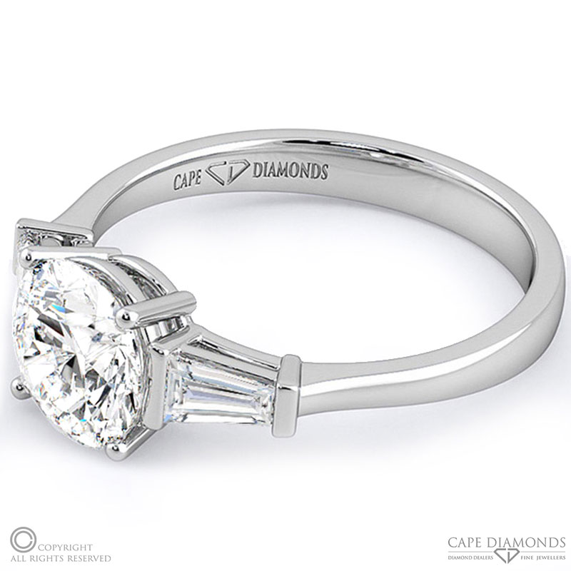 a unique round natural diamond engagement ring white gold with baguette side natural diamonds with 9k white gold metal and round shape diamond