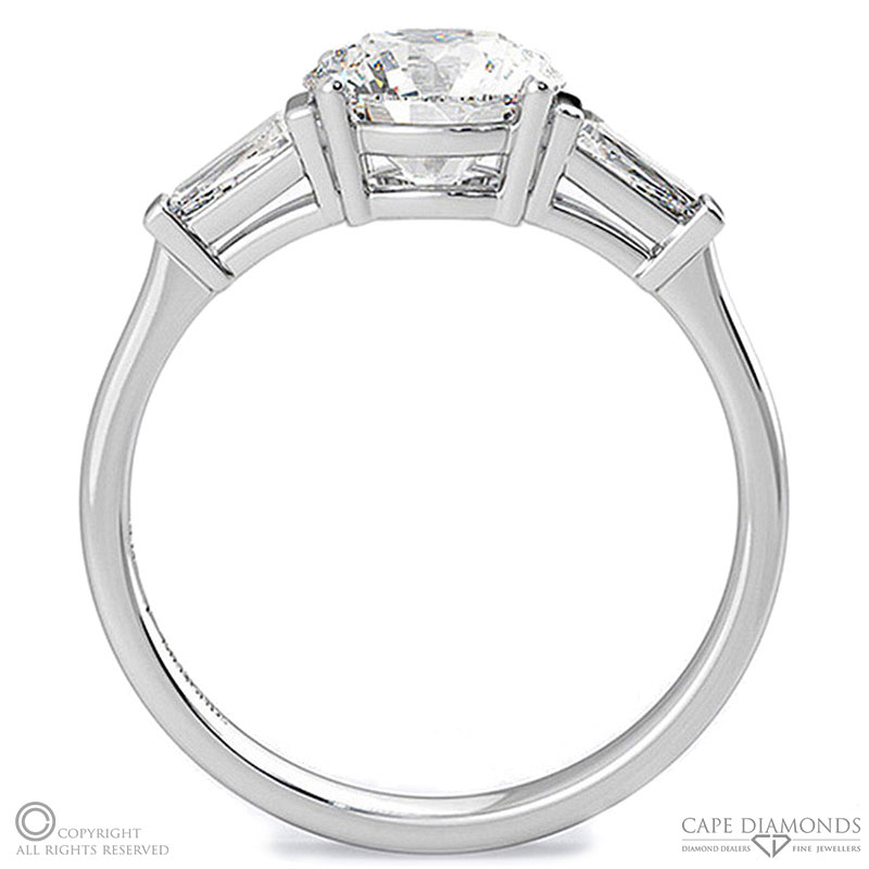a unique round natural diamond engagement ring white gold with baguette side natural diamonds with 9k white gold metal and round shape diamond
