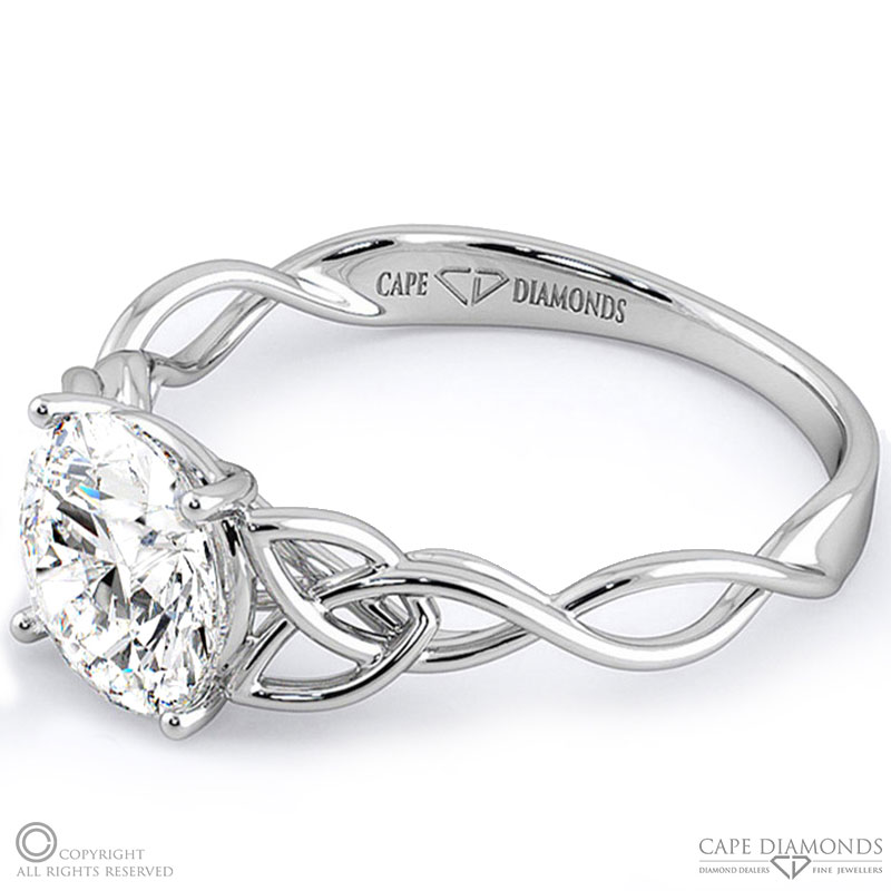 round 4 claw ornate celtic natural diamond engagement ring white gold with 9k white gold metal and round shape diamond