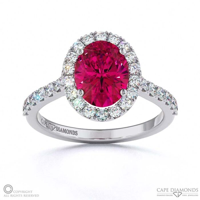 Ruby Oval Halo Engagement Ring White Gold | Cape Diamonds