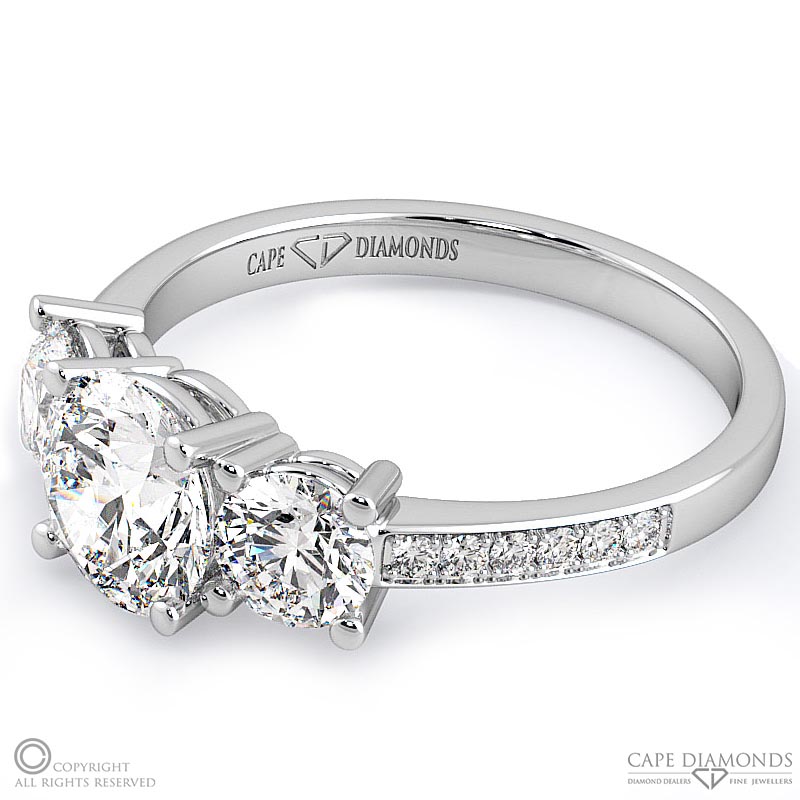 natural diamond pavé trilogy engagement ring white gold with 9k white gold metal and round shape diamond