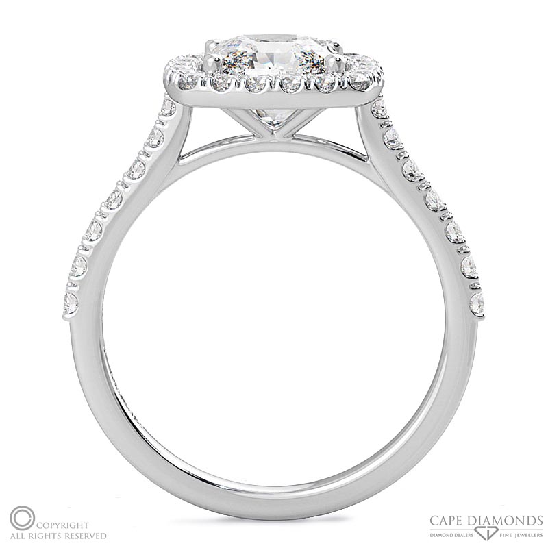 cushion cut natural diamond halo with side stones engagement ring white gold with 9k white gold metal and cushion shape diamond