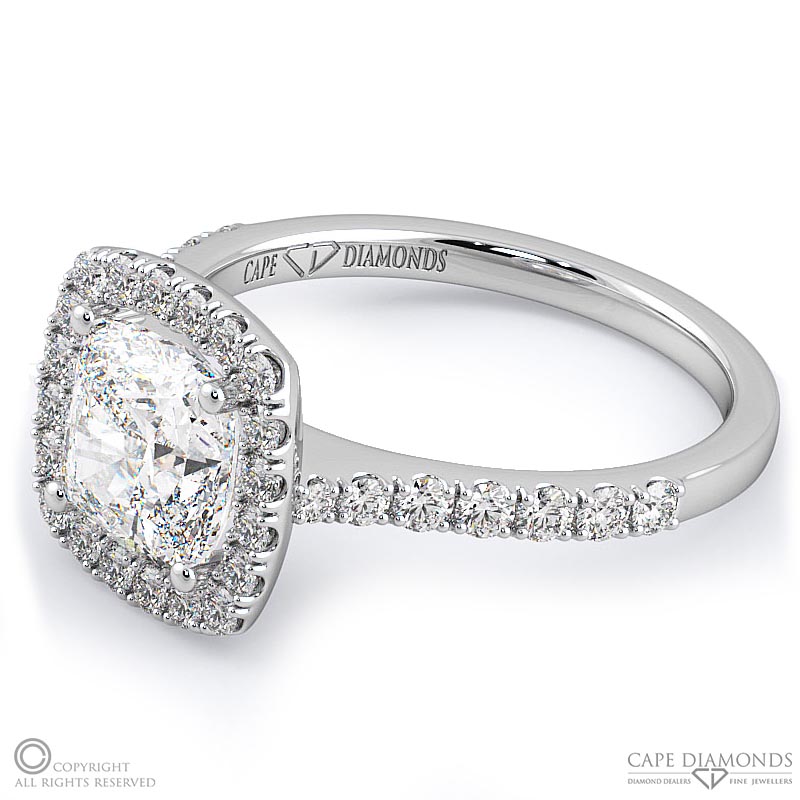 solid cushion halo natural diamond engagement ring white gold with 9k white gold metal and cushion shape diamond