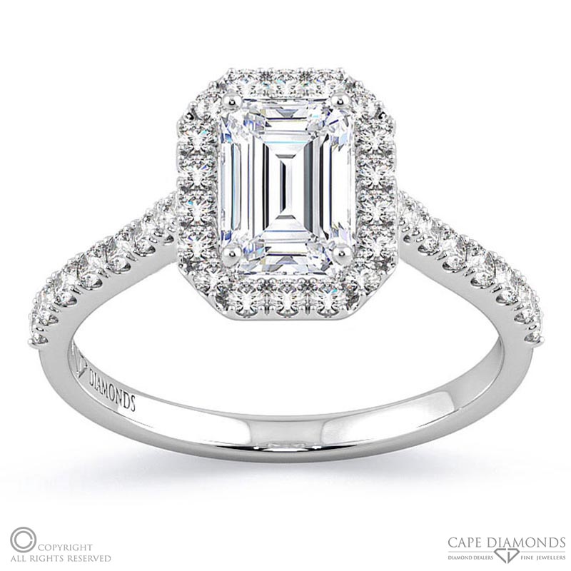 emerald cut natural diamond halo engagement ring white gold with 9k white gold metal and emerald shape diamond