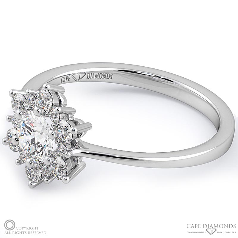 snowflake designed halo natural diamond engagement ring white gold with 9k white gold metal and round shape diamond