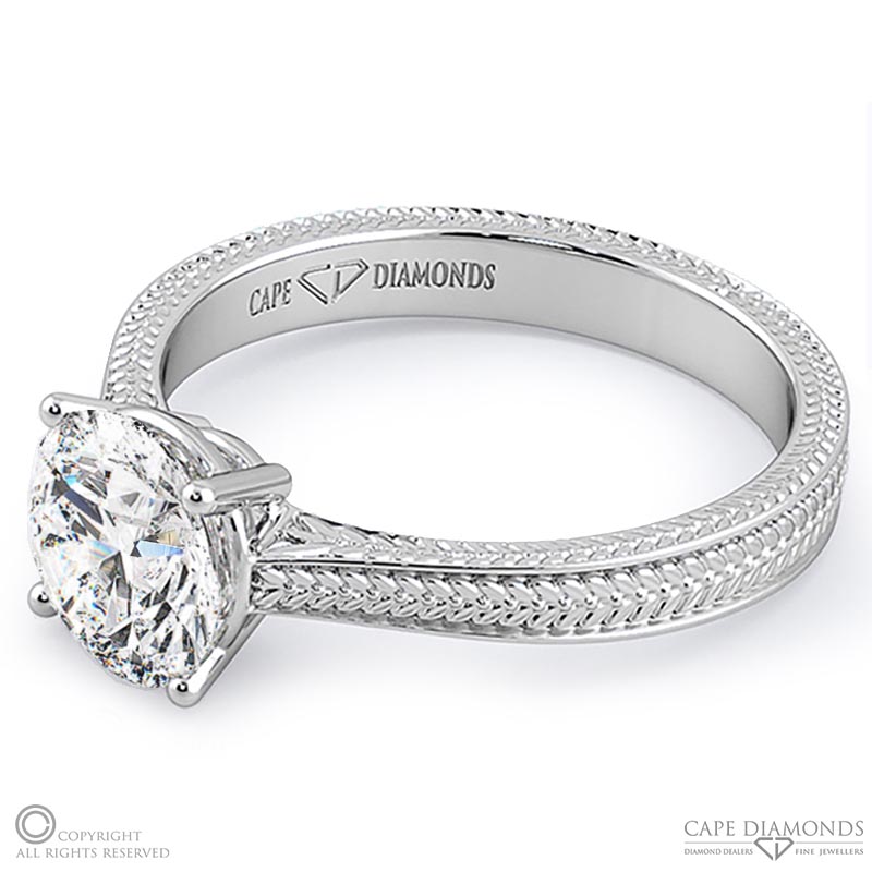detailed engraved natural diamond engagement ring white gold with 9k white gold metal and round shape diamond