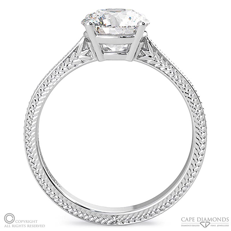 detailed engraved natural diamond engagement ring white gold with 9k white gold metal and round shape diamond