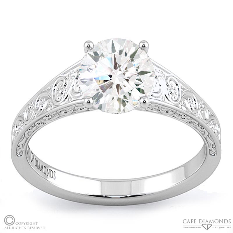 engraved plant motifs natural diamond engagement ring white golds with 9k white gold metal and round shape diamond