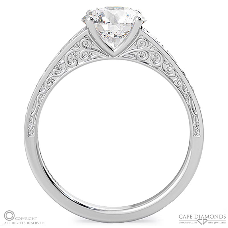engraved plant motifs natural diamond engagement ring white golds with 9k white gold metal and round shape diamond
