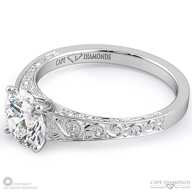 engraved plant motifs natural diamond engagement ring white golds with 9k white gold metal and round shape diamond