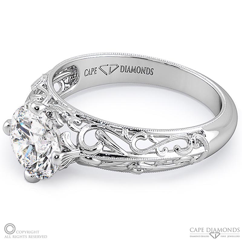 antique filigree solitaire natural diamond engagement ring white gold with 9k white gold metal and round shape diamond
