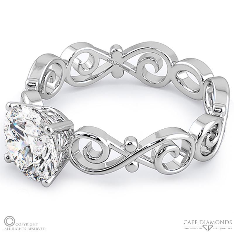 filigree solitaire organic design natural diamond engagement ring white gold with 9k white gold metal and round shape diamond