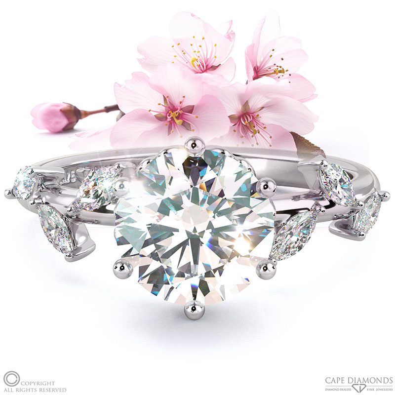 cherry blossom natural diamond engagement ring white gold with 9k white gold metal and round shape diamond