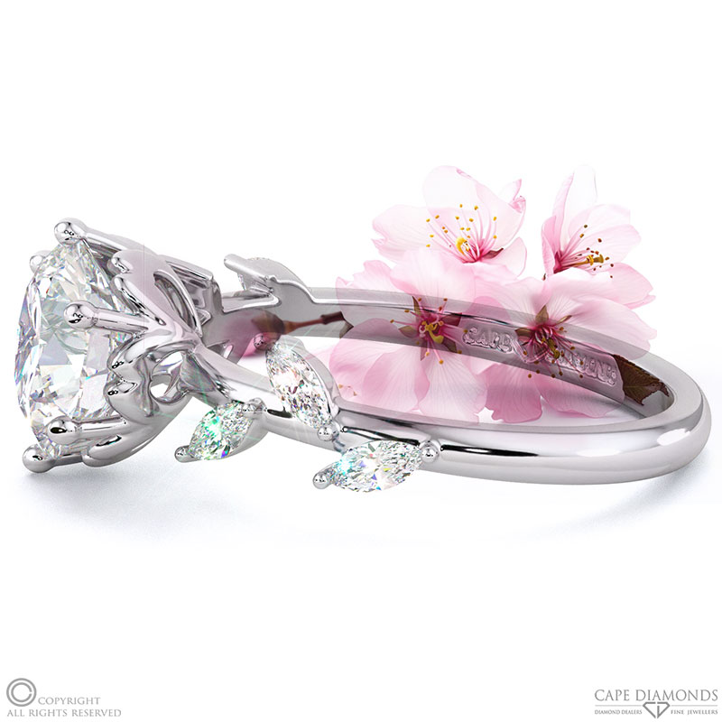 cherry blossom natural diamond engagement ring white gold with 9k white gold metal and round shape diamond