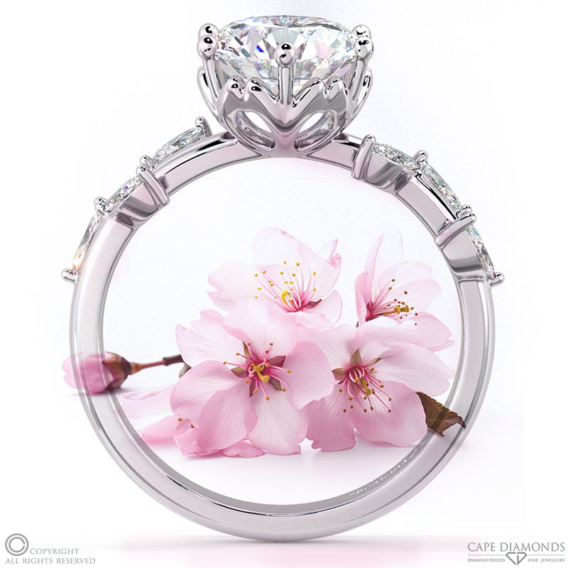 cherry blossom natural diamond engagement ring white gold with 9k white gold metal and round shape diamond