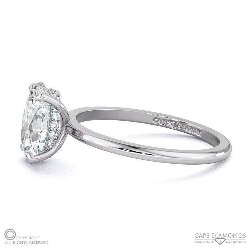hidden halo oval natural diamond engagement ring on half-rounded white gold band with 9k white gold metal and oval shape diamond