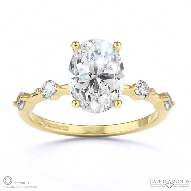 four prong oval natural diamond engagement ring yellow gold with side natural diamond drops with 9k yellow gold metal and oval shape diamond