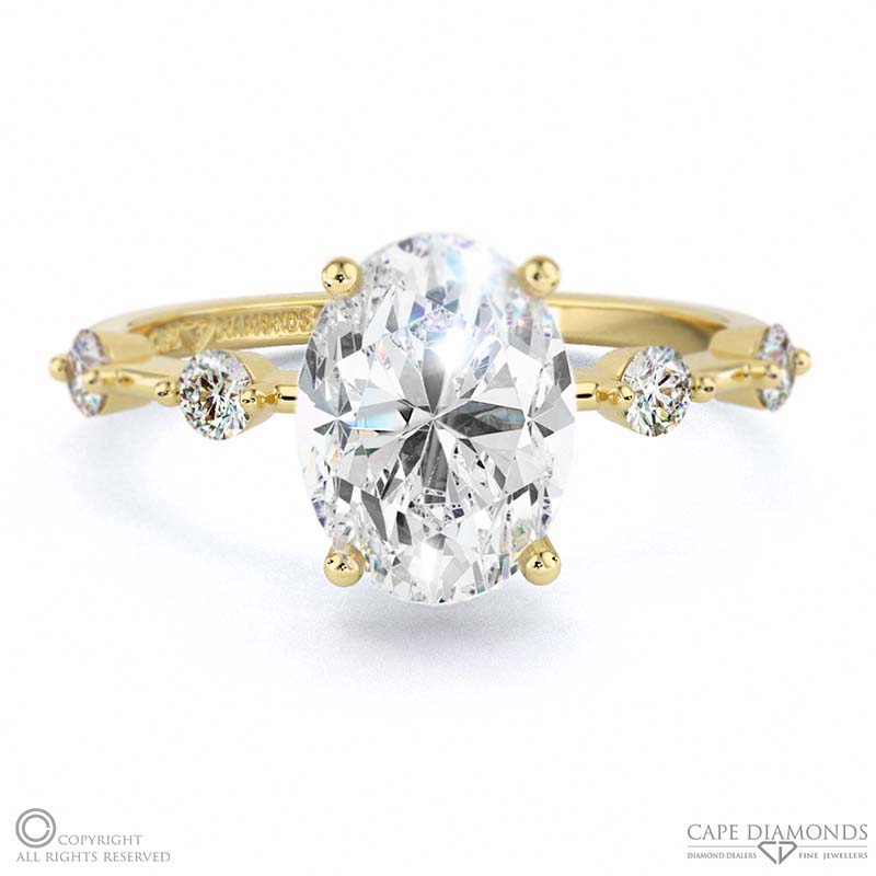 four prong oval natural diamond engagement ring yellow gold with side natural diamond drops with 9k yellow gold metal and oval shape diamond
