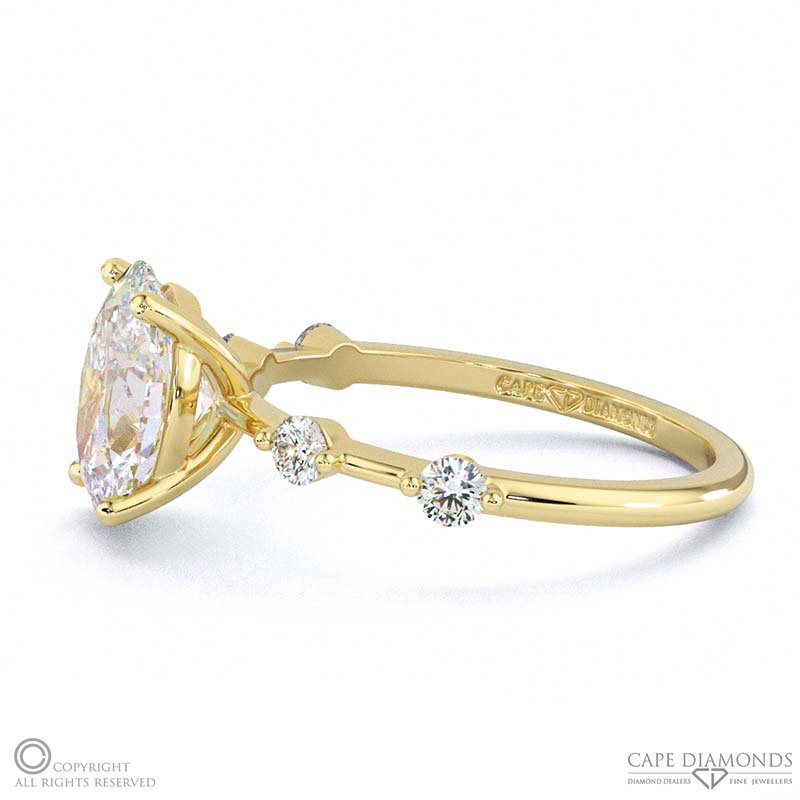 four prong oval natural diamond engagement ring yellow gold with side natural diamond drops with 9k yellow gold metal and oval shape diamond