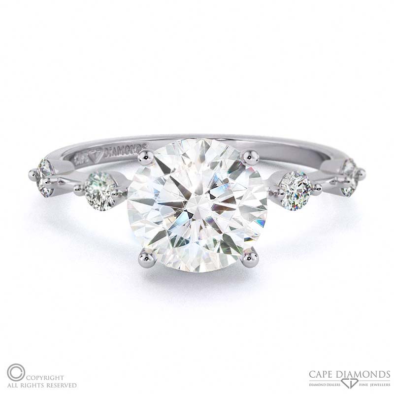 four prong brilliant round natural diamond hidden halo engagement ring white gold with side natural diamond drops with 9k white gold metal and round shape diamond