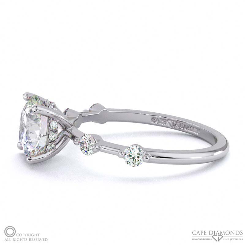 four prong brilliant round natural diamond hidden halo engagement ring white gold with side natural diamond drops with 9k white gold metal and round shape diamond