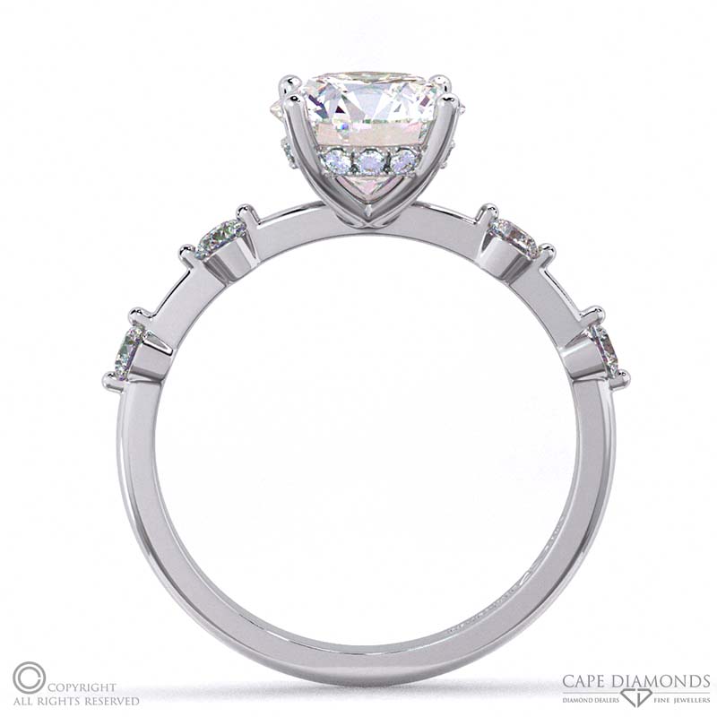 four prong brilliant round natural diamond hidden halo engagement ring white gold with side natural diamond drops with 9k white gold metal and round shape diamond