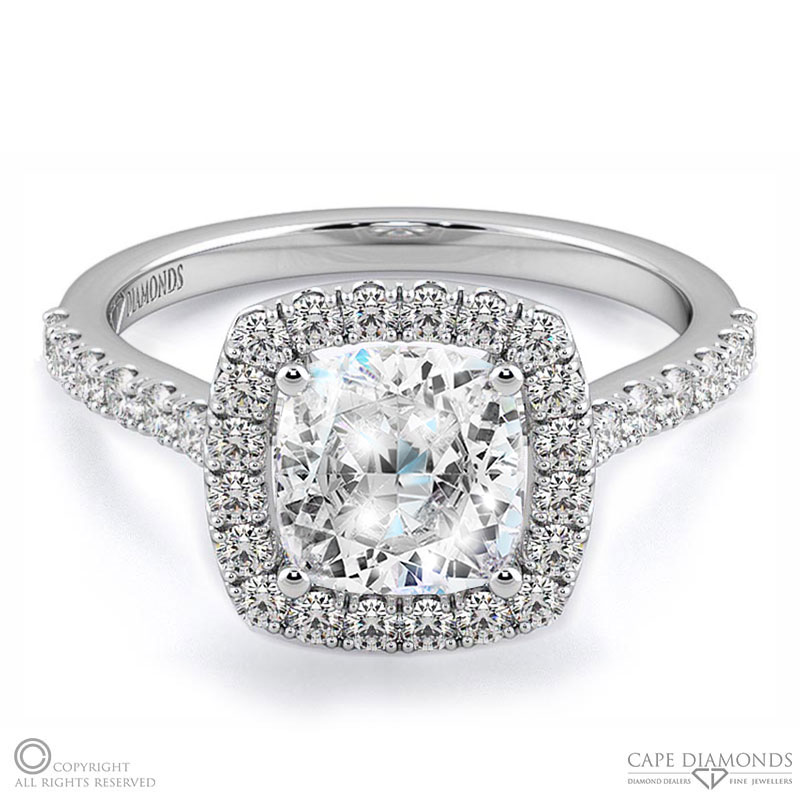 cushion cut natural diamond halo with side stones engagement ring white gold with 9k white gold metal and cushion shape diamond