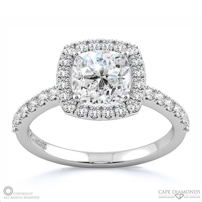 cushion cut natural diamond halo with side stones engagement ring white gold with 9k white gold metal and cushion shape diamond