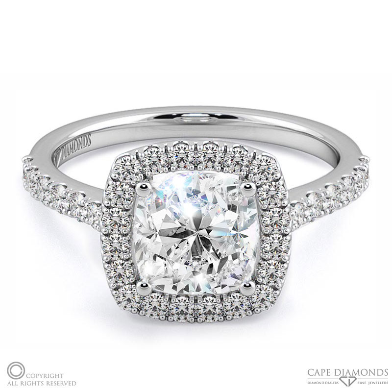 solid cushion halo natural diamond engagement ring white gold with 9k white gold metal and cushion shape diamond