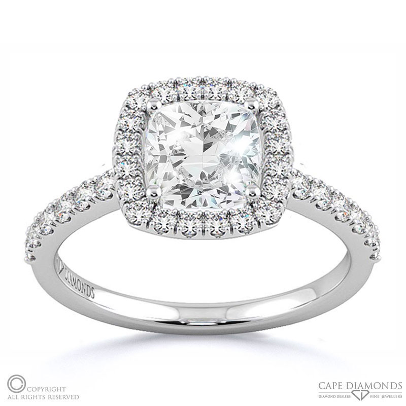 solid cushion halo natural diamond engagement ring white gold with 9k white gold metal and cushion shape diamond