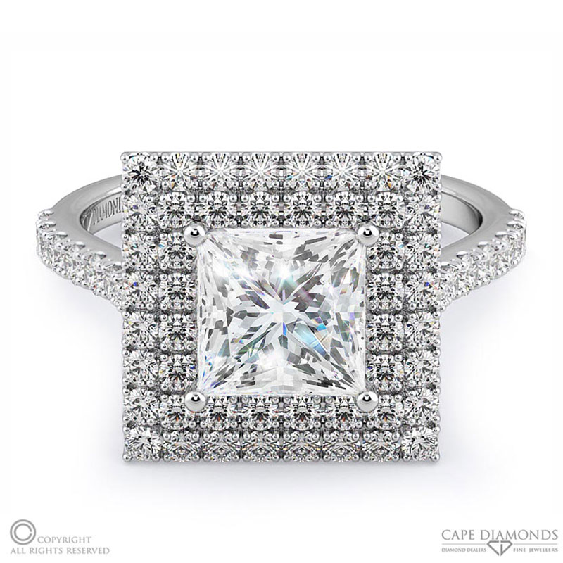 princess cut natural diamond double halo engagement ring white gold with 9k white gold metal and princess shape diamond
