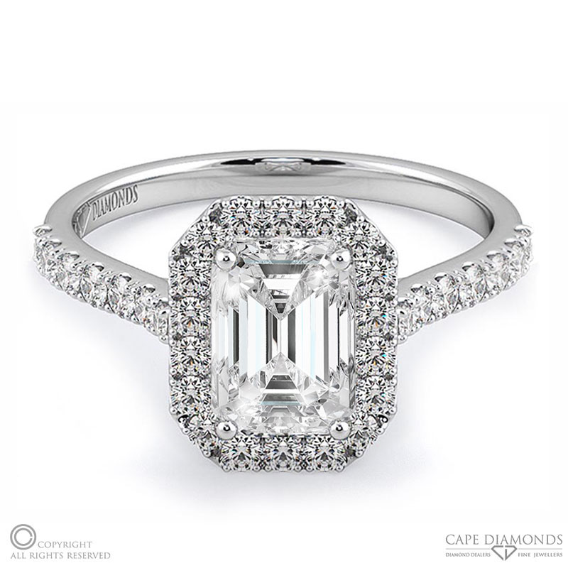 emerald cut natural diamond halo engagement ring white gold with 9k white gold metal and emerald shape diamond