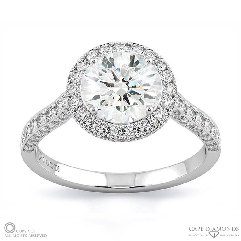 natural diamond encrusted halo engagement ring white gold with 9k white gold metal and round shape diamond