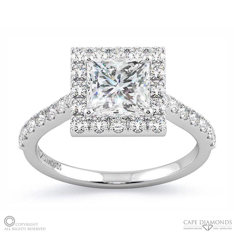 unique princess cut natural diamond halo engagement ring white gold with 9k white gold metal and princess shape diamond
