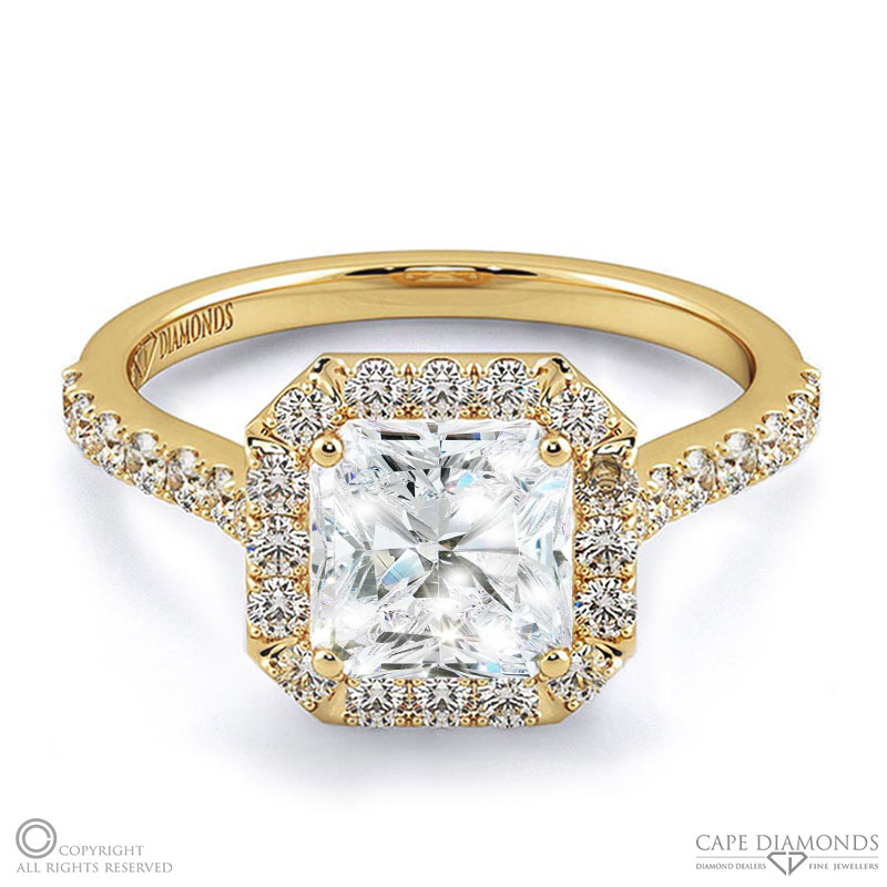 wholesale radiant halo natural diamond engagement ring yellow gold with 9k yellow gold metal and radiant shape diamond
