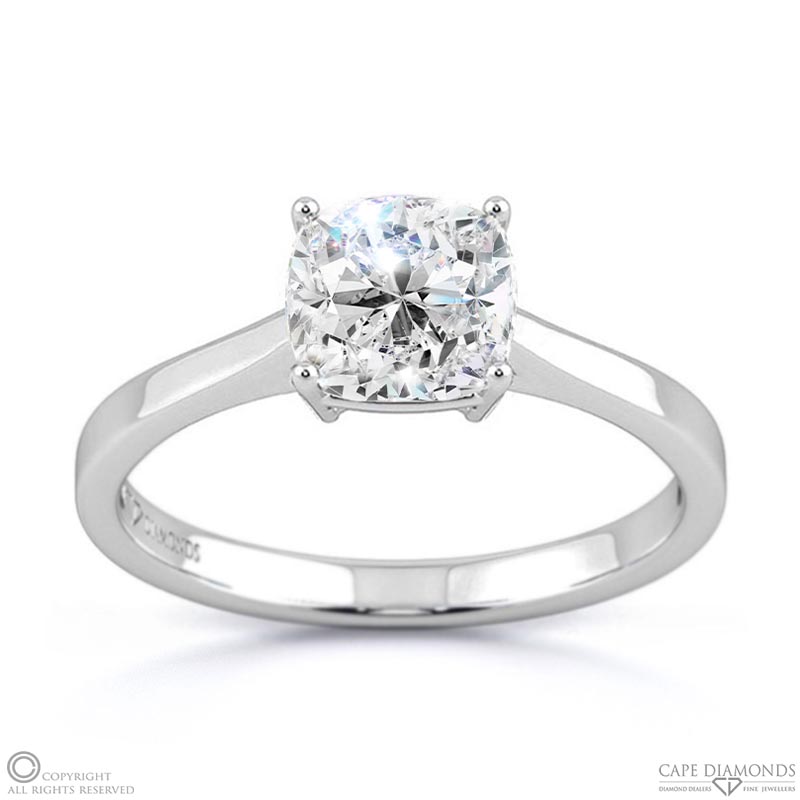 four-claw cushion solitaire natural diamond ring white gold with 9k white gold metal and cushion shape diamond
