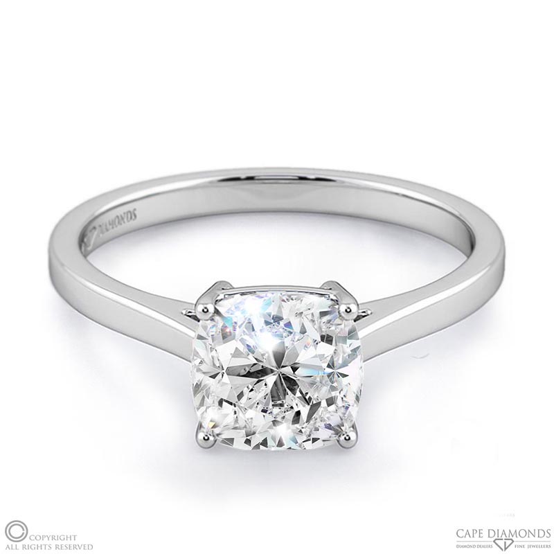 four-claw cushion solitaire natural diamond ring white gold with 9k white gold metal and cushion shape diamond
