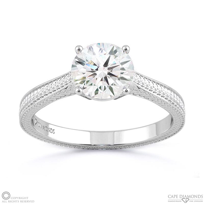 detailed engraved natural diamond engagement ring white gold with 9k white gold metal and round shape diamond