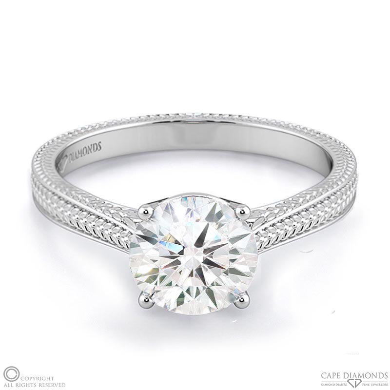 detailed engraved natural diamond engagement ring white gold with 9k white gold metal and round shape diamond