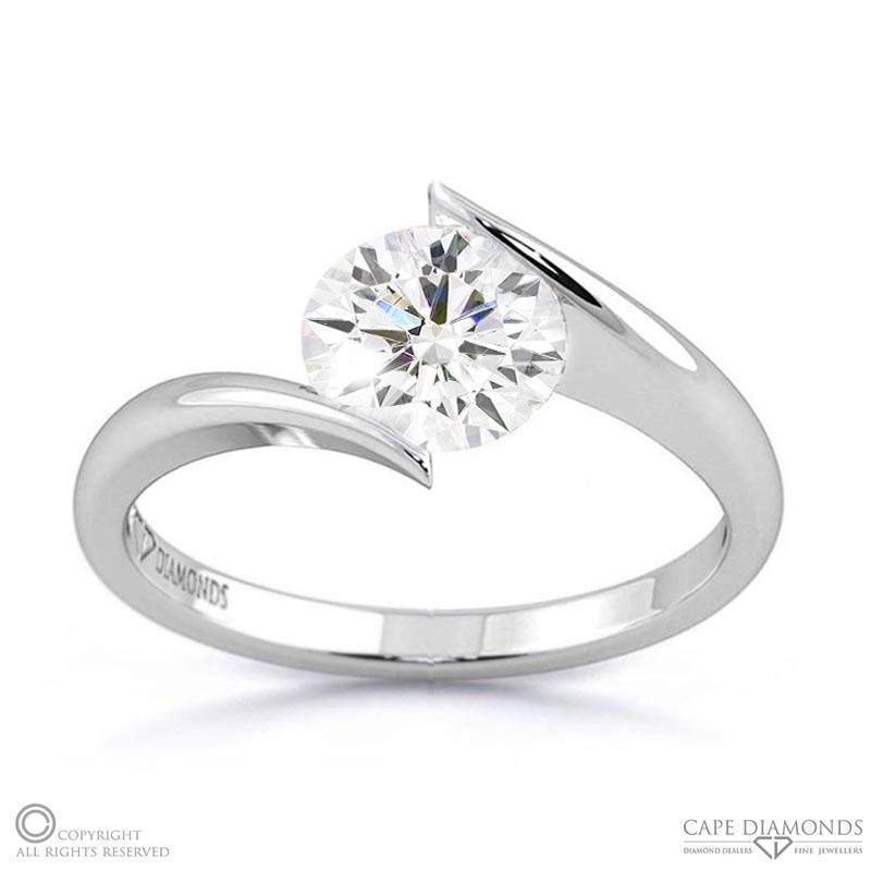 twist solitaire tension natural diamond engagement ring white gold with 9k white gold metal and round shape diamond