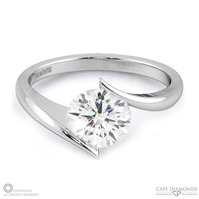 twist solitaire tension natural diamond engagement ring white gold with 9k white gold metal and round shape diamond