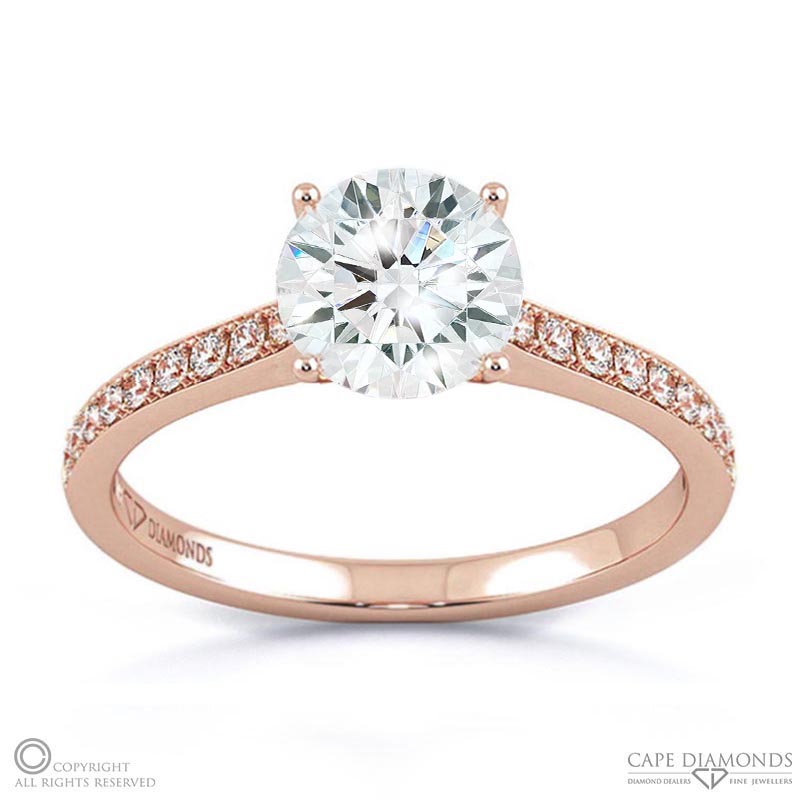 4 claw round pave band natural diamond engagement ring rose gold with 9k rose gold metal and round shape diamond