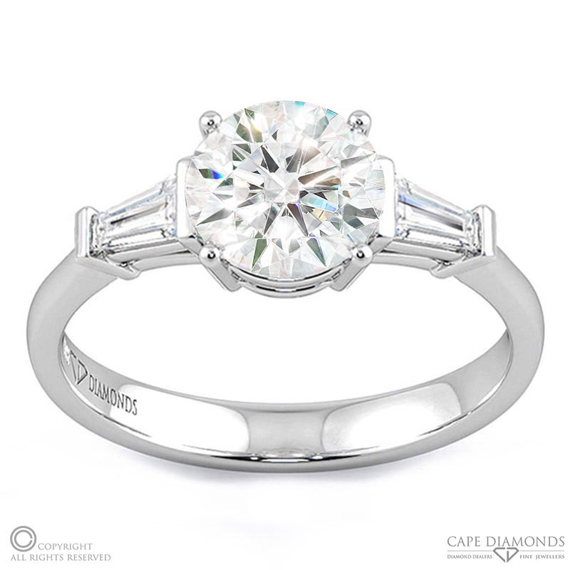 a unique round natural diamond engagement ring white gold with baguette side natural diamonds with 9k white gold metal and round shape diamond