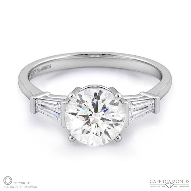 a unique round natural diamond engagement ring white gold with baguette side natural diamonds with 9k white gold metal and round shape diamond