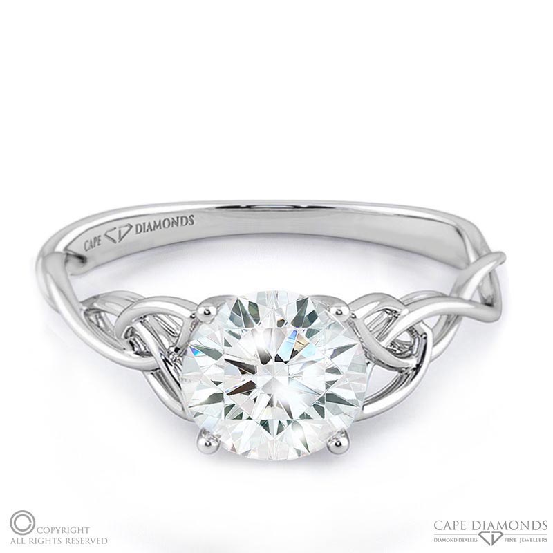 round 4 claw ornate celtic natural diamond engagement ring white gold with 9k white gold metal and round shape diamond