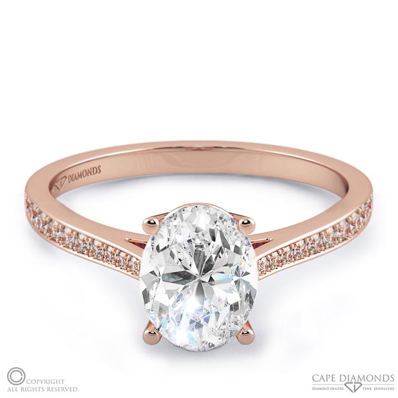 oval solitaire natural diamond pavé ring rose gold with 9k rose gold metal and oval shape diamond